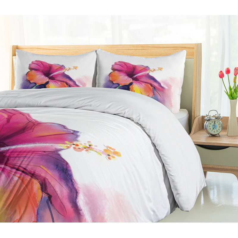 Queen Pink and Orange Watercolor Flower Duvet Cover Set