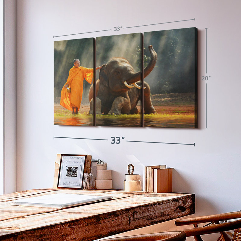 «Monk and Asian Elephant» sur toile, H 20 po x l 33 po