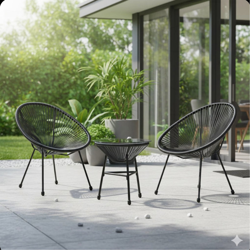 3-Piece Acapulco Wicker Patio Bistro Set With 2 Black Chairs & Glass Table, Black