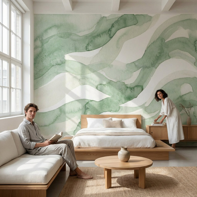 Papier peint moderne abstrait Shades Of Green, 100 po x 96 po, Peler et coller