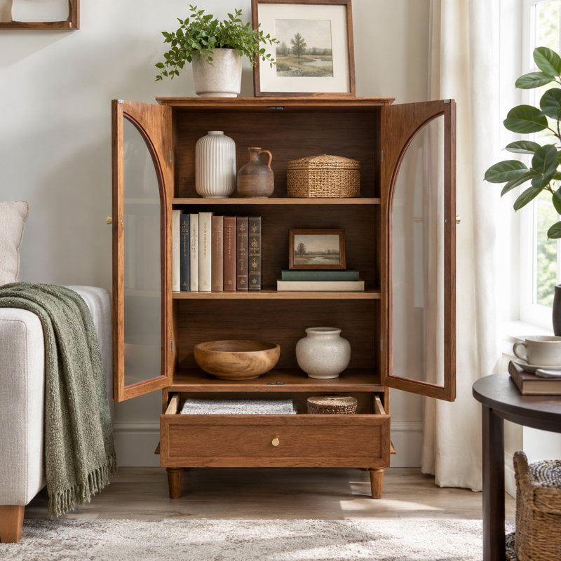 Armoire de rangement rétro avec portes en verre arquées pour la cuisine, noyer