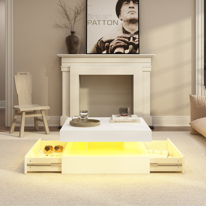 Modern High-Gloss Coffee Table with 16-Color LED Lights & Sliding Drawers for Living Room, 2, White