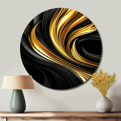 Abstract Liquid Gold And Black Swirl - Abstract Round Metal Art