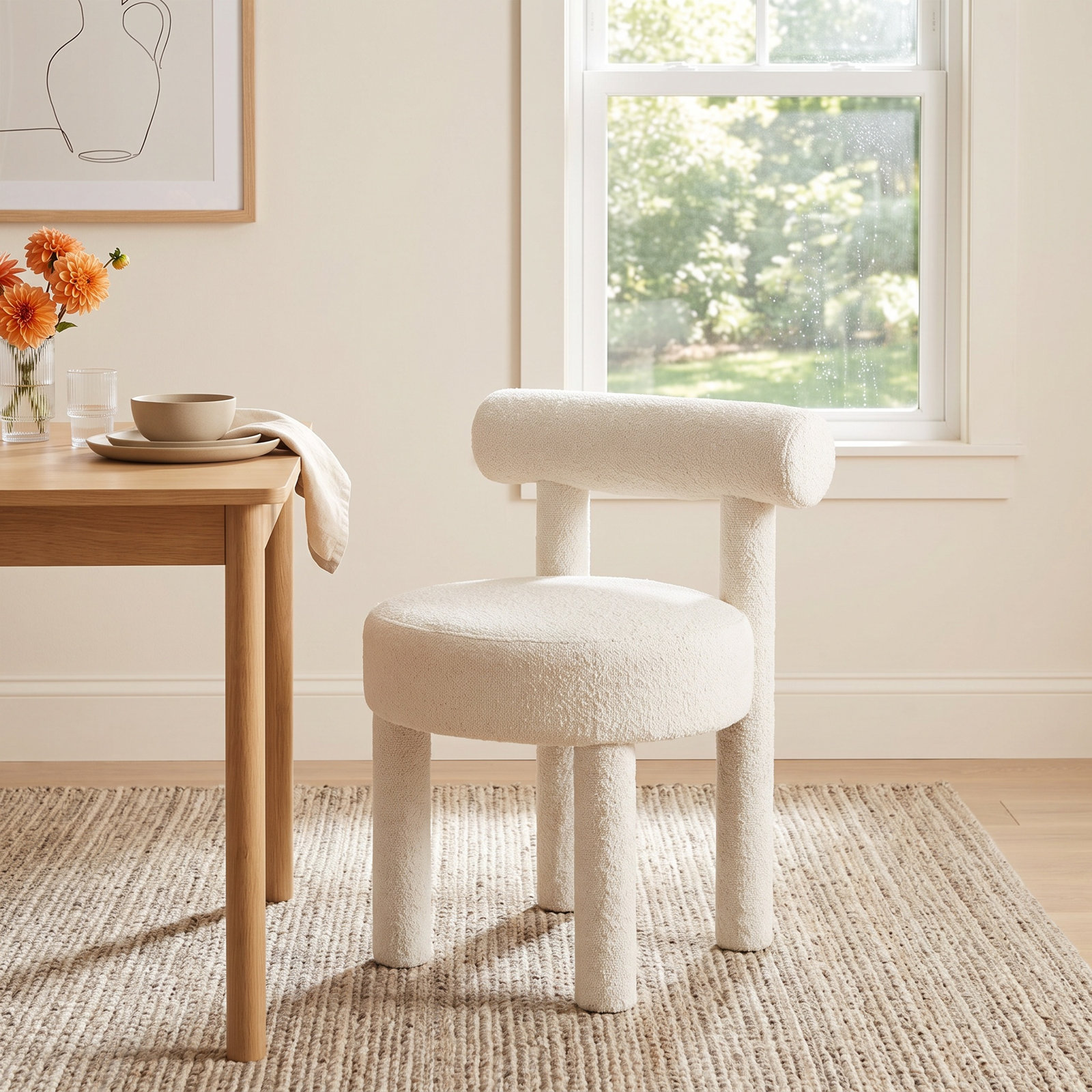 Cecilia Velvet Side Chair, Boucle White
