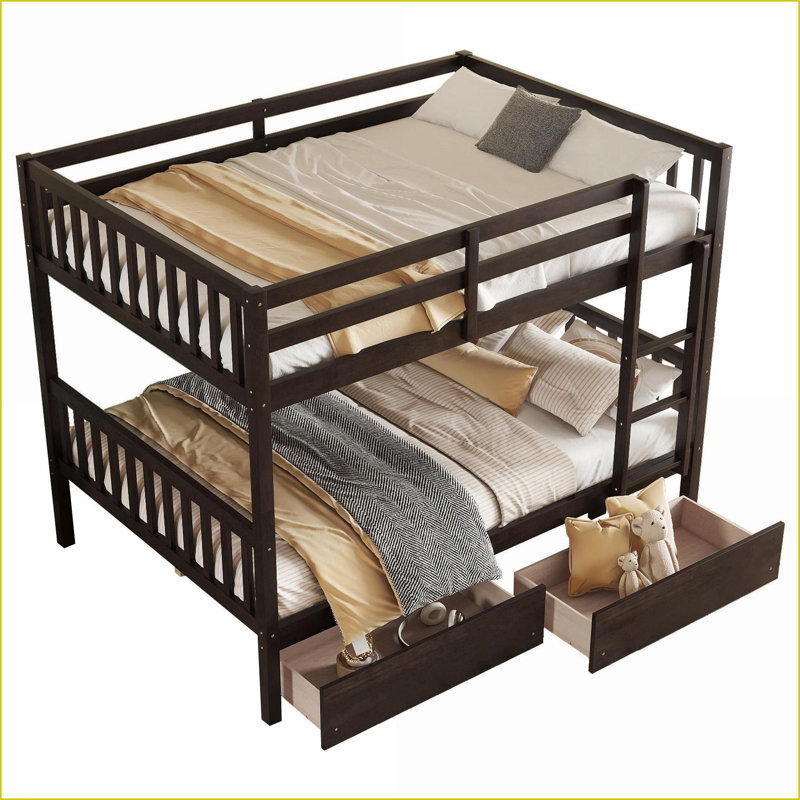 Full Over Full Rubber Wood Convertible Bunk Bed with 2 Drawers, No Box Spring Needed, Espresso, Full, Espresso