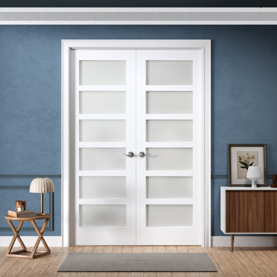 Door Harbor 80 in. H Glass and Solid Wood Primed French Doors with Hinges and Door Frame