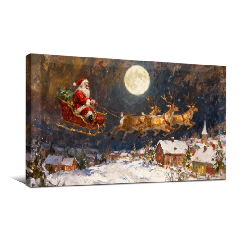 Noël père Noël survolant un village enneigé, H 16 po x l 32 po