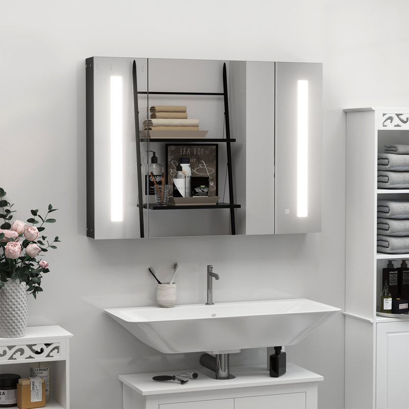 Armoire à miroir de salle de bain murale l 35,5 "x H 25,5", 3 armoires, éclairage à DEL, alimenté, noir avec H 25,5 "alimenté,