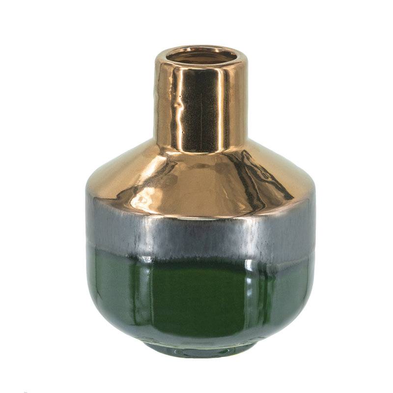 D6X8" Rounded Ceramic Accent Vase With Ombre Bronze/Silver/Green Finish