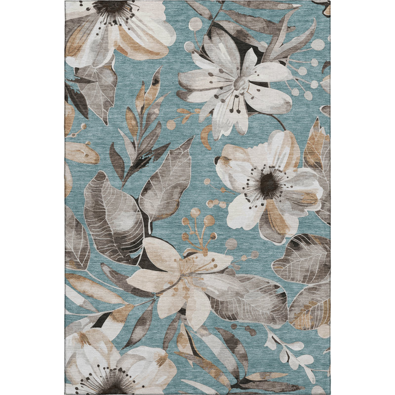 Premium Machine Washable Mayfield AMF2260 Floral Rug, Teal, 8' x 10'