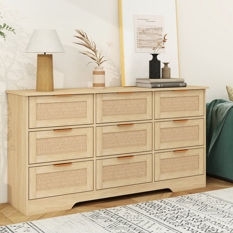 Natural Rattan 9 Drawer Dresser Boho Storage Chest of Drawers for Living Room
