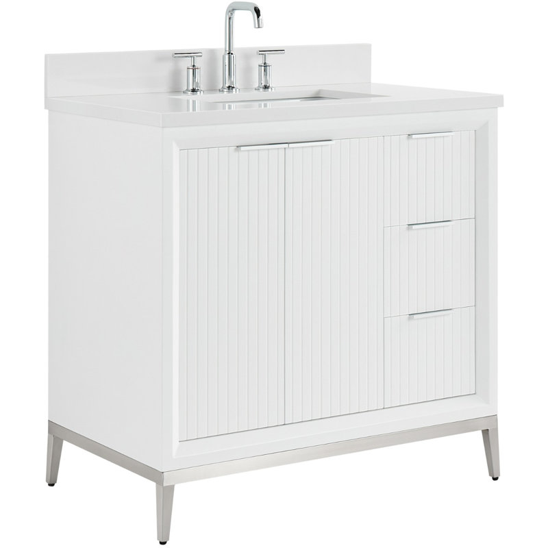 Meuble-lavabo simple 36 po avec plateau en quartz blanc pur Traverse, Blanc