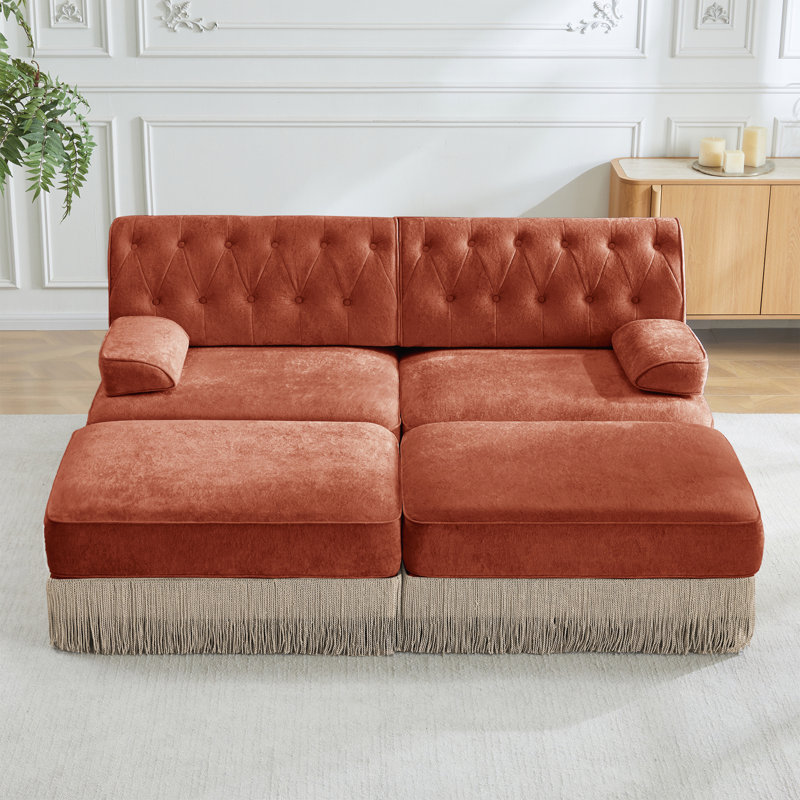 Canapé de style Chesterfield à jupe de pampille, combinaison libre, Rouge / Brun