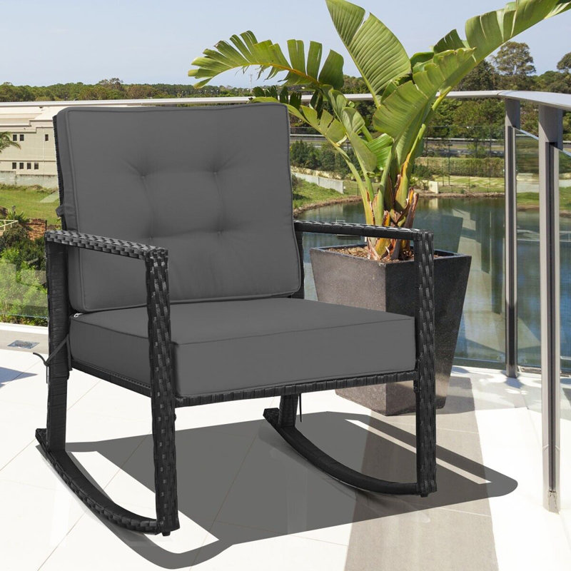 Shawen Wicker Outdoor Rocker Chair with Cushions, Grey