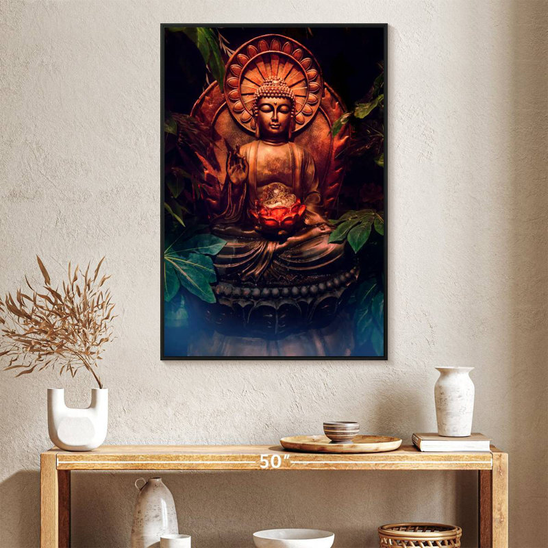 Statue de Bouddha ornée, Cadre flottant noir, 27 po x 40 po