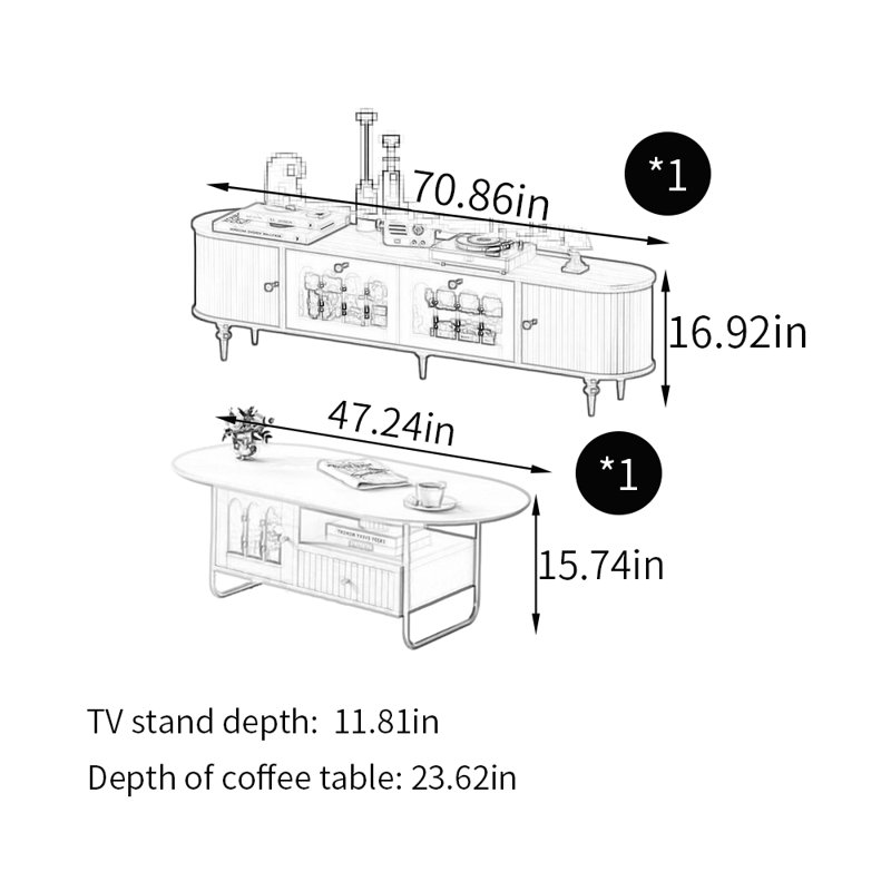 Meuble télé avec table basse style rétro français, Crème