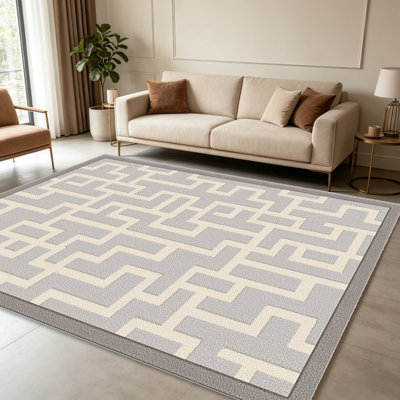 Tapis gris clair en labyrinthe pour le salon, doux et confortable, convient à toutes les saisons, facile à entretenir, tapis de sol intérieur lavable à la machine, sous la table de ferme convenant à la chambre à coucher, à la salle à manger, au bureau, au patio, au balcon, à la décoration intérieure