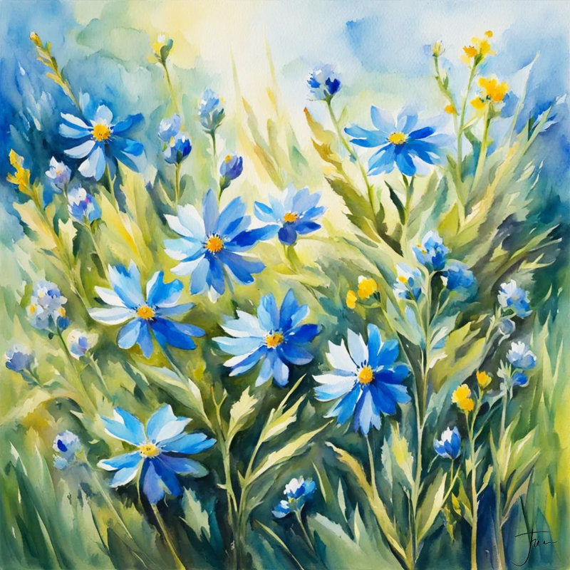 Blue and Yellow Meadow Blooms in Sunlight Wrapped Canvas Wall Art, 12" H x 12" W x 1" D