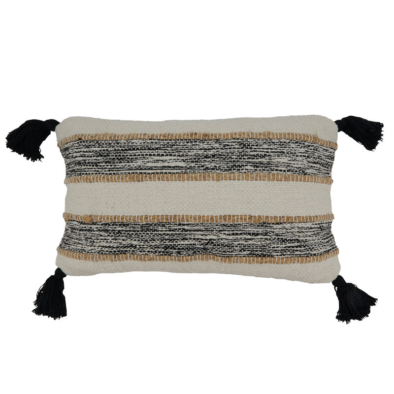 Aziza Collection Tassels Cotton Throw Pillow, Pillow Cover Only - No Insert, Black/White, 12" H x 20" W