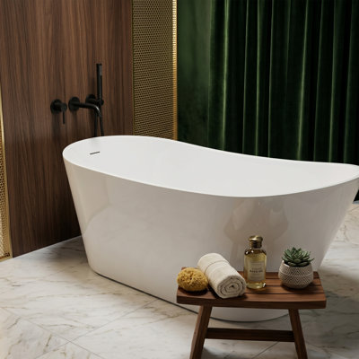 51" Glossy White Acrylic Single Slipper Freestanding Bathtub, Compact High-Back Deep Soaking Tub with 20" Depth and Integrated Slotted Overflow