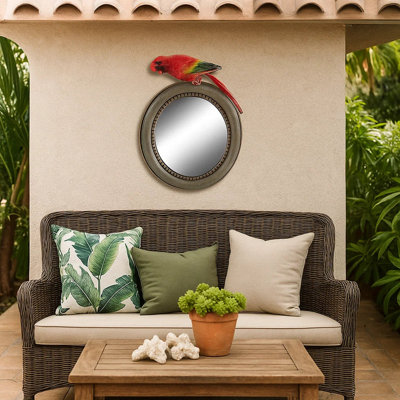  8 Inch Round Wooden Framed Mirror with Parrot Sculpture Top, Multicolor Decorative Accent Mirror