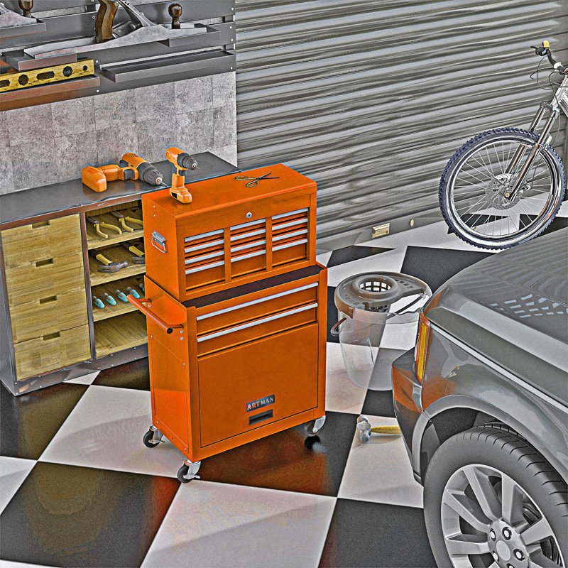 Coffre à outils roulant à grande capacité avec roulettes et tiroirs, armoire d'entrée, Orange