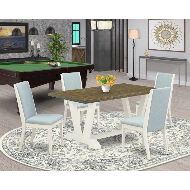 L'ensemble de table moderne 5 pièces comprend une table de cuisine jacobine délavée et 4 chaises rembourrées en tissu bleu lin à haut dossier - Lin brossé blanc