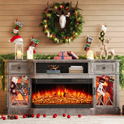 Alvilda 3-Sided Glass Farmhouse Fireplace TV Stand