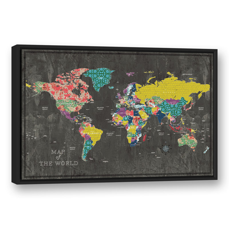 Carte colorée du monde - Impression sur toile, 24 po x 36 po, Encadré