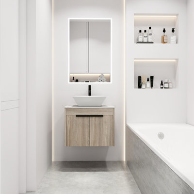 Meuble-lavabo mural 24 po. Meuble-lavabo en chêne blanc. Lavabo en céramique avec porte à fermeture en douceur. Rangement spacieux. Poignée en métal. Style contemporain contemporain en chêne. Lavabo et espace de rangement abondant