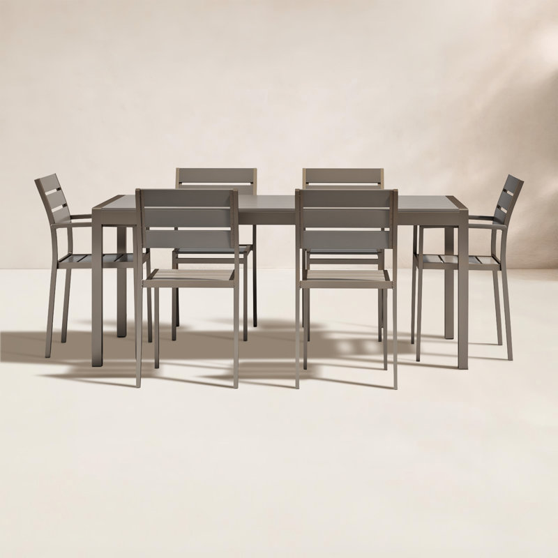 Aynura 6-Person Aluminum Outdoor Dining Set with Rectangular Table – Modern Patio Furniture with Rust-Free Frame, Poly-Resin Slats, Stacking Chairs & Umbrella Hole in Grey
