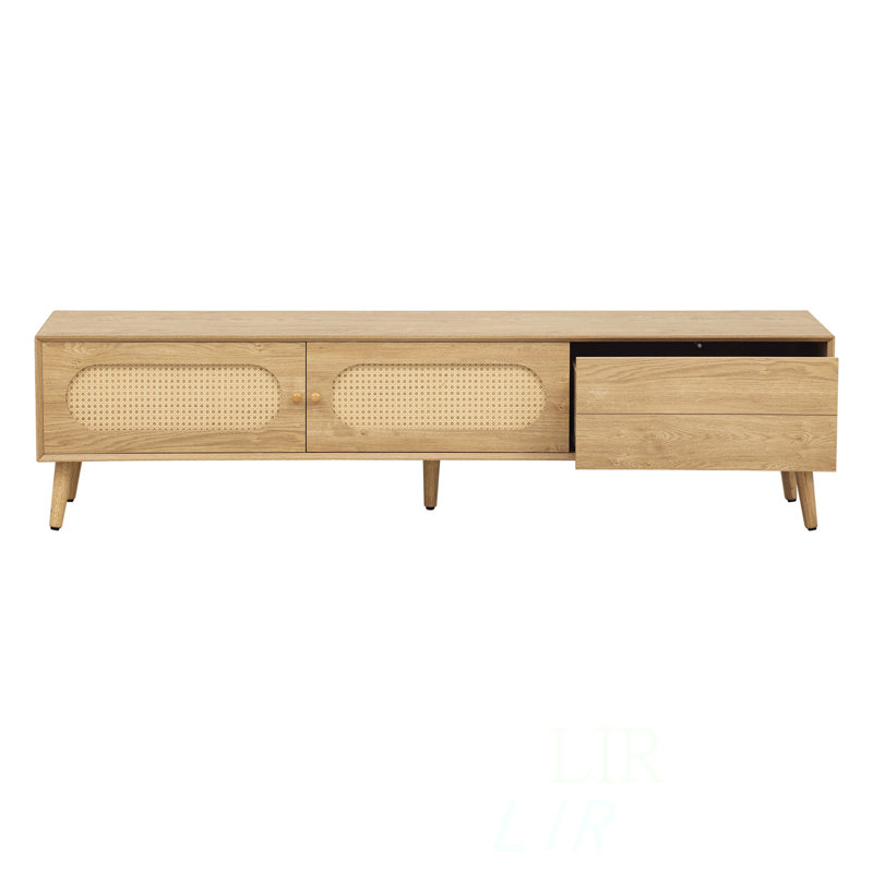 Boho TV Stand For Tvs Up To 80 Inches, Modern Farmhouse Media Console With Rattan Decor And Solid Wood Legs, TV Stand