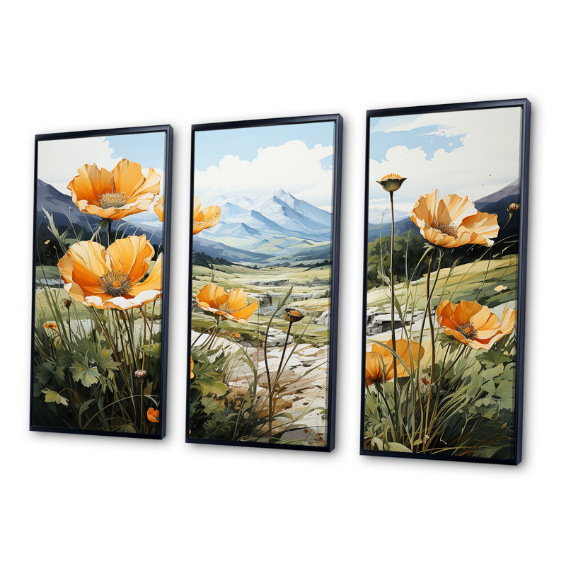 «Buttercups Charm In Mountain Scenery» - ensemble de reproductions d'art mural Buttercups, Cadre flottant noir