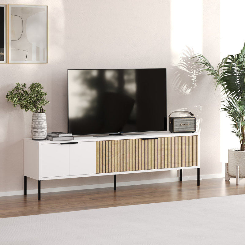 Claussen Modern TV Stand with Wall-Mount Option, White & Rattan Finish, 59.1 x 17.7 x 11.8 inches | 100% Melamine Coated Particle Board, Thickness: 0.7 inches | Scandinavian Geometric Design, Stylish & Functional Home Entertainment Center