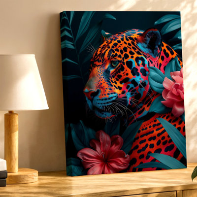 Coloré léopard floral, Portrait d'un animal tropical, reproduction d'art sur toile, décor de bureau de chambre à coucher de salon, décoration murale de galerie, œuvre d'art élégante, pour le couloir d'entrée du canapé-lit