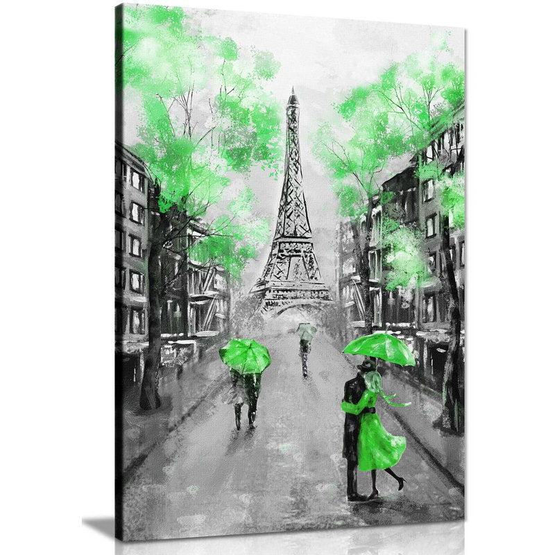Black & White Paris Painting - Wrapped Canvas Print, 91cm H x 61cm W, Green