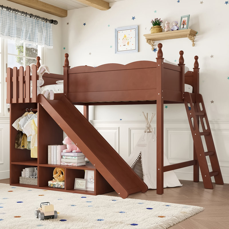Full Loft Bed with Storage Shelves and Wardrobe, Solid Wood Loft Beds with Detachable Slide and Ladders, No Spring Box Needed, Beige