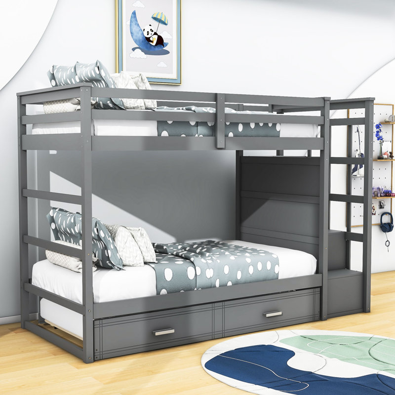 Danamarie Kids Twin Over Twin Bunk Bed with Trundle with Drawers, Gray