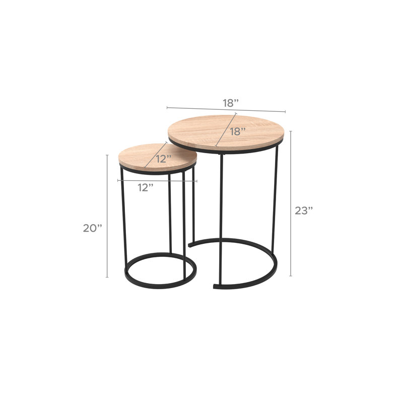 Ensemble de tables de bout gigognes 2 pièces, tables de bout en placage de bois moderne avec pieds en métal noir, tables de salon peu encombrantes