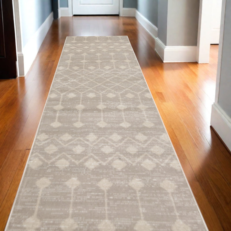 12' Beige Geometric Power Loom Runner Rug