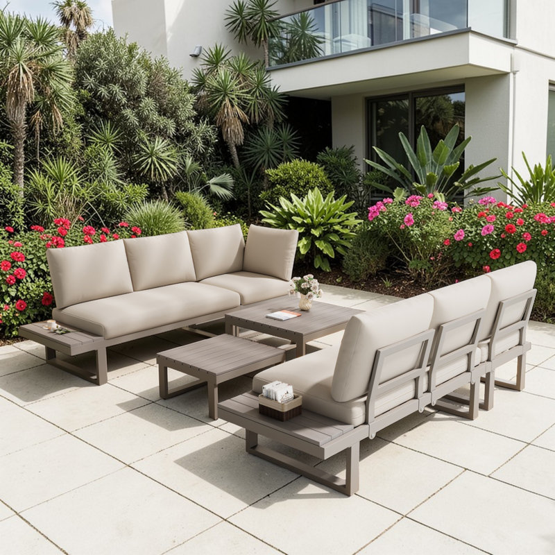 Rynley 252cm Wide L-Shaped Patio Sectional Set, Beige Cushion/Khaki Frame