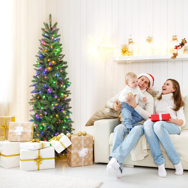 Arbre de Noël 6 pi avec 250 lumières à DEL multicolores, arbres de Noël artificiels minces faciles à installer