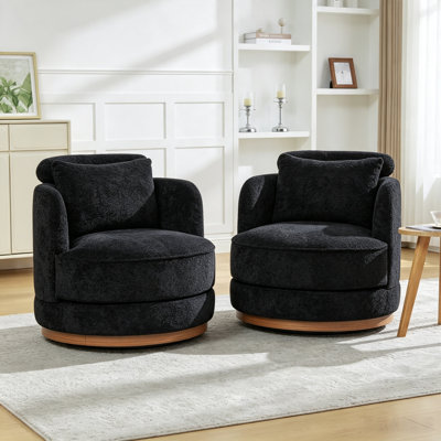 33.8" W Chenille Swivel Barrel Accent Chair with Adjustable Headrest and Decorative Wood Ring