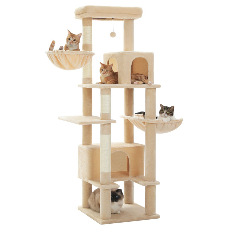 Beige 66" Sisal-Covered Cat Tower with Hammock and Condos