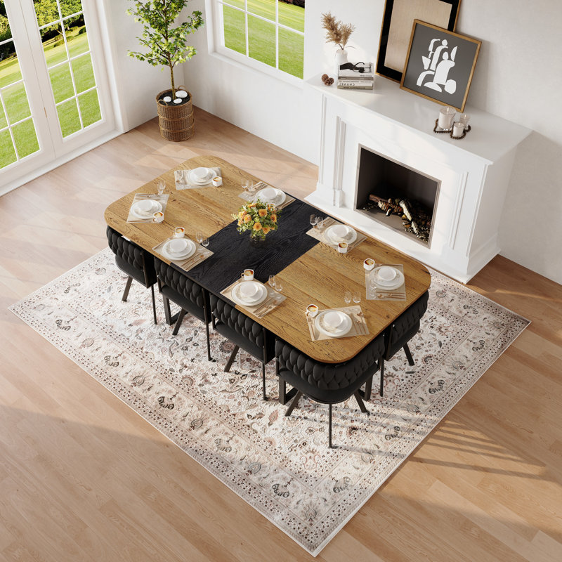9-Piece Square Dining Table Set, Fixed Two-Tone Wood Grain & Wood Grain Triamine Tabletop With 8 Velvet Chairs, Modern Kitchen Table Set For 8 People, Ideal For Family Gatherings
