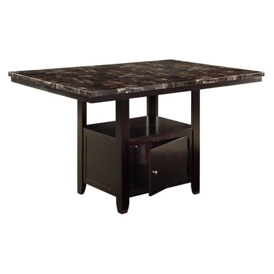 Table de salle à manger à hauteur de comptoir avec tablette de rangement et faux marbre, base rectangulaire en marbre brun