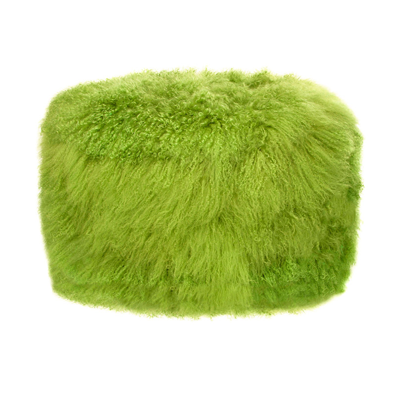 Round Tibetan Lamb Sheepskin Ottoman, 21" Diameter x 16" High, Lime Green
