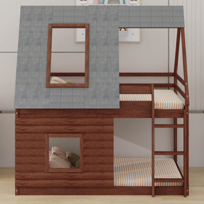 Wood Twin Size House Shaped Bunk Bed Withroof,Window And Ladder