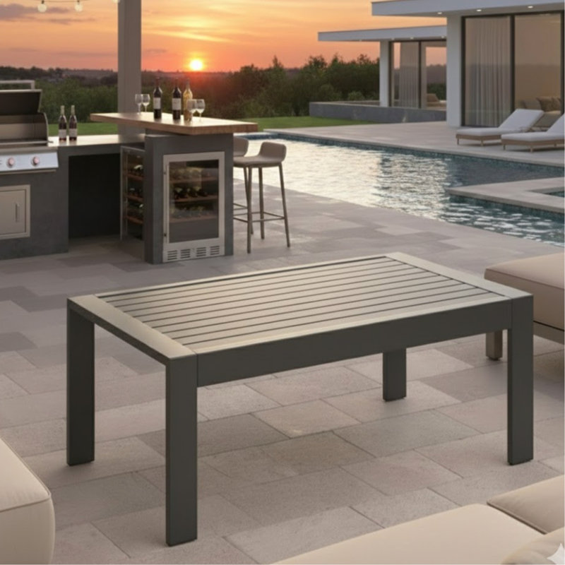 Table basse d'extÃ©rieur rÃ©sistante aux intempÃ©ries avec plateau imitation bois rÃ©aliste