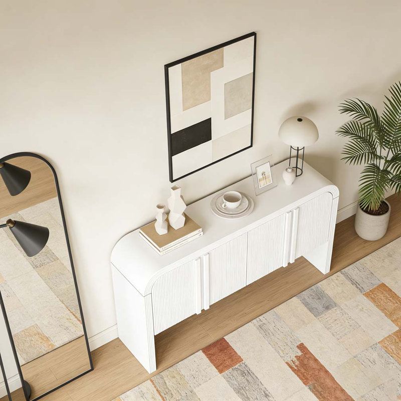 Denequa 63" Curved Sofa Entry Table with Two Cabinets, Modern Vintage Semi Circle Console Sofa Table, White